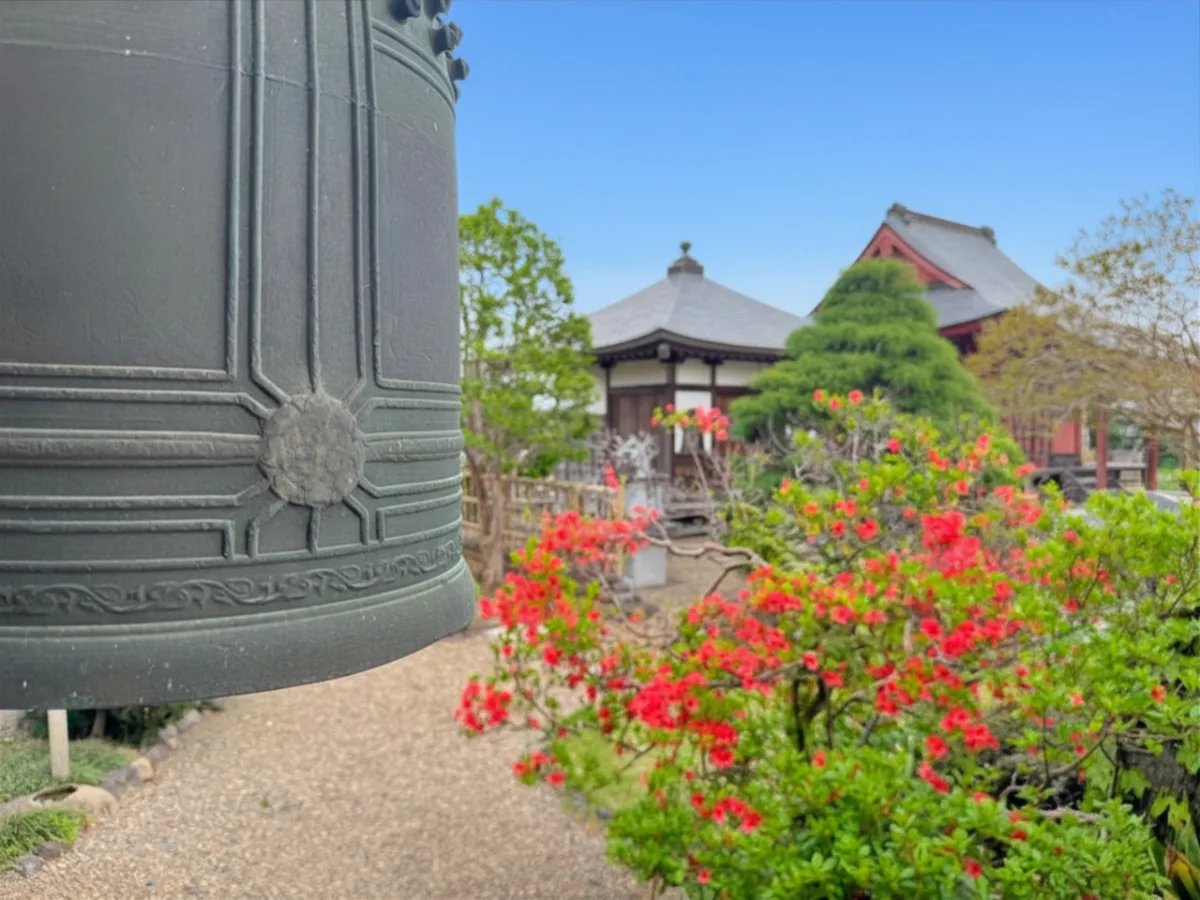 頼福寺の鐘楼と季節の花（茨城県結城市小田林）